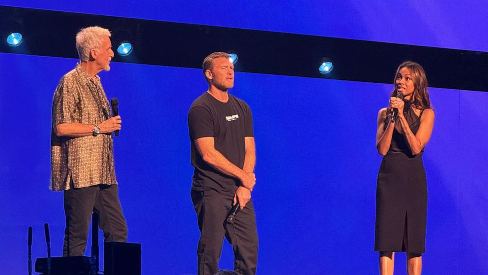 PHOTO: James Cameron, Sam Worthington and Zoe Saldana speak onstage during Disney D23, Aug. 9, 2024, in Anaheim, Calif.