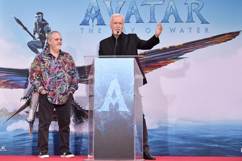 PHOTO: Jon Landau and James Cameron speak onstage at the handprints and footprints ceremony honoring "Avatar: The Way Of Water" filmmakers James Cameron and Jon Landau at TCL Chinese Theatre in Hollywood, Jan. 12, 2023.