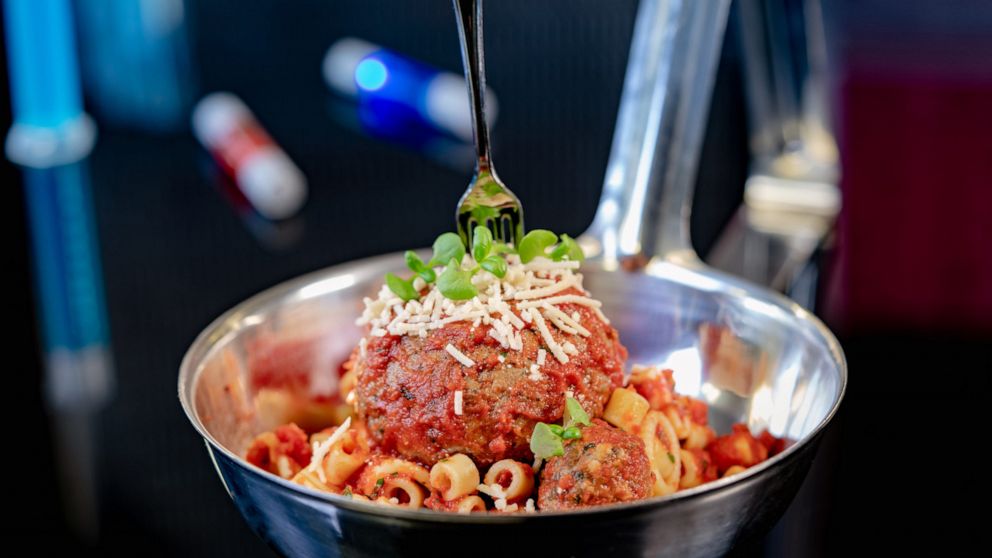 PHOTO: One dish at the Pym Test Kitchen in the Avengers Campus at Disney California Adventure Park in Anaheim, Calif., will feature pasta under giant vegetarian meatballs served in an oversized spoon with a tiny fork.