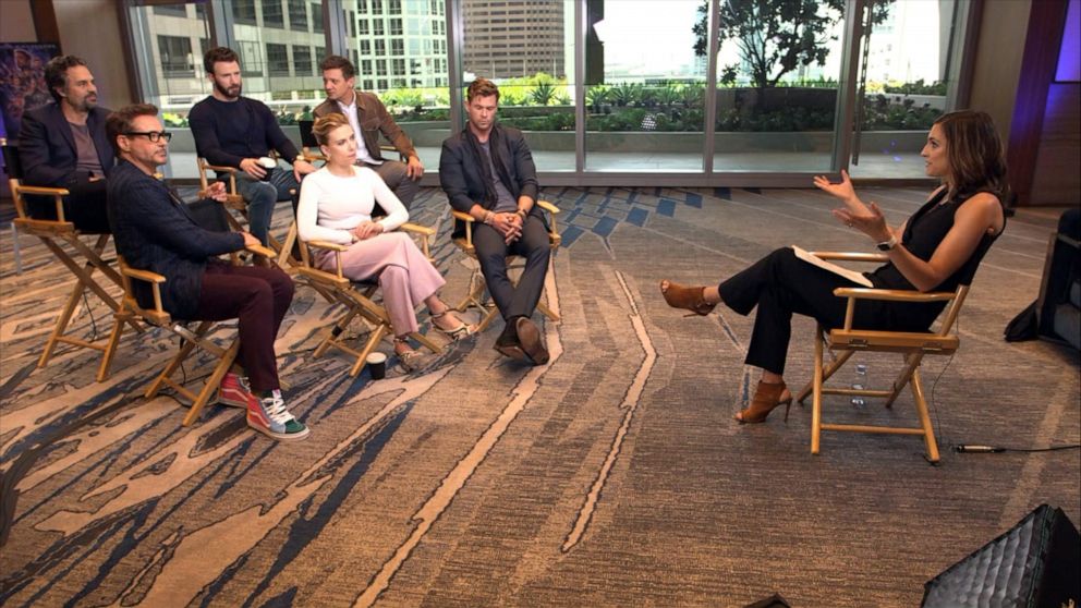 PHOTO: Robert Downey Jr., Mark Ruffalo, Chris Evans, Scarlett Johansson, Jeremy Renner and Chris Hemsworth from the cast of "Avengers: Endgame" appear in a segment on ABC's, "Good Morning America," April 8, 2019.