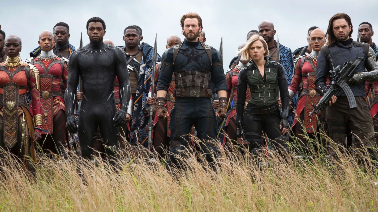 PHOTO: Danai Gurira, as Okoye, Chadwick Boseman, as Black Panther, Chris Evans, as Captain America, Scarlett Johansson, as Black Widow, and Sebastian Stan, as White Wolf, in a scene from "Avengers: Infinity War."