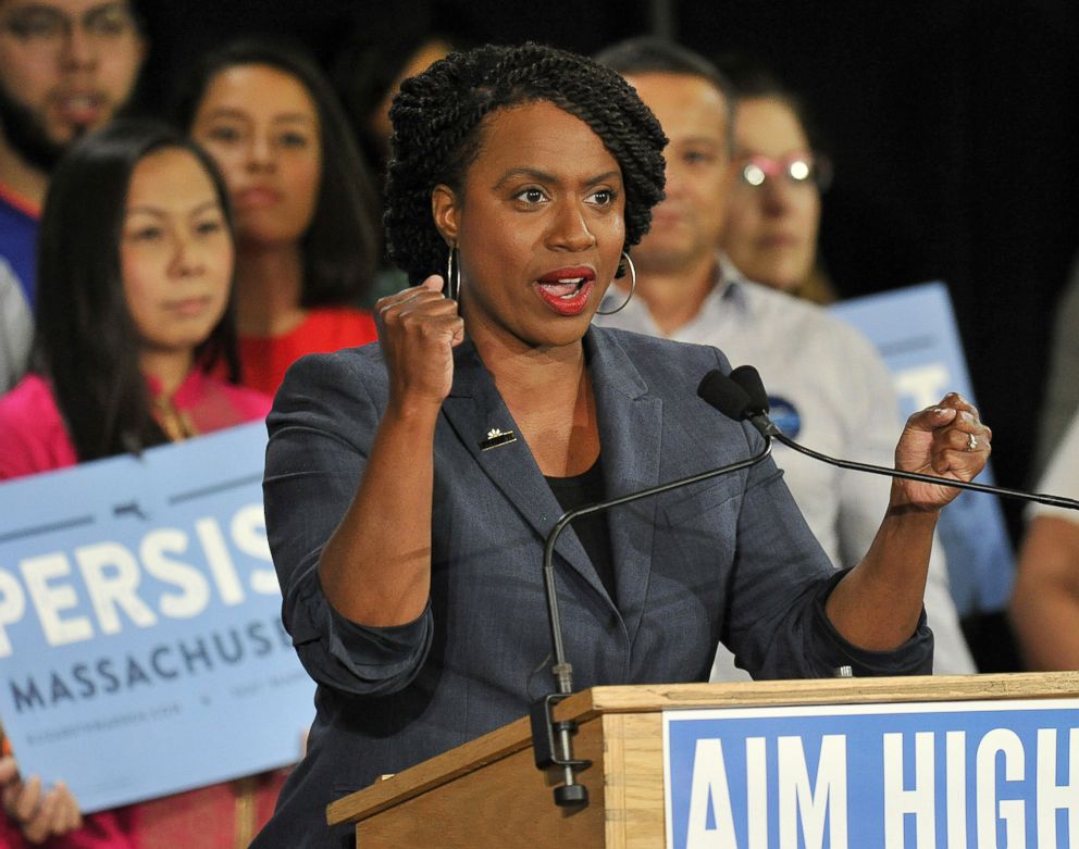 PHOTO: Congressional Democratic candidate Ayanna Pressley addresses supporters during a Democratic Party Unity Rally at the Cambridge Community Center in Cambridge, Mass., Sept. 9, 2018.