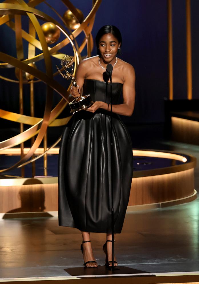 PHOTO: Ayo Edebiri accepts the Outstanding Supporting Actress in a Comedy Series award for "The Bear" onstage during the 75th Primetime Emmy Awards at Peacock Theater on Jan. 15, 2024 in Los Angeles.