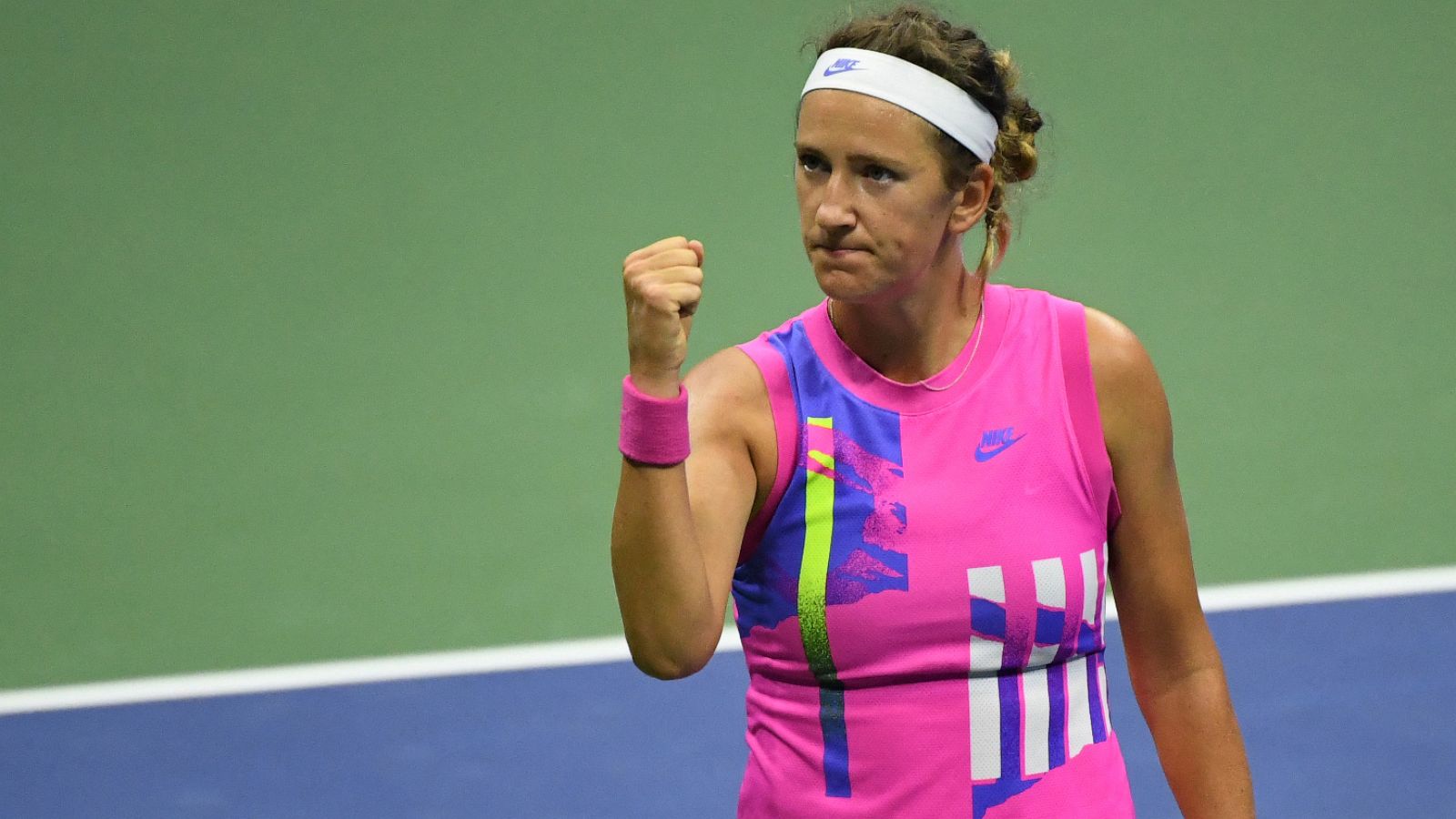 PHOTO: Victoria Azarenka of Belarus reacts after winning a point against Serena Williams in a women's singles semi-finals match, Sep 10 2020 in Flushing Meadows, N.Y.