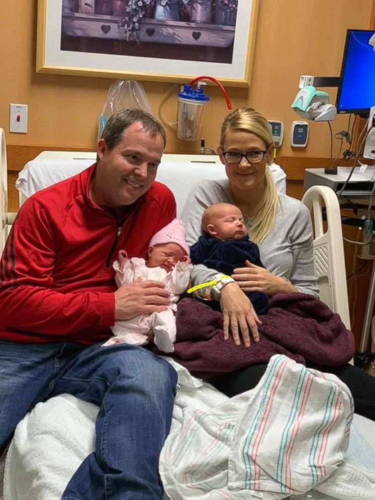 PHOTO: James and Andrea Valentine of Cypress, Texas, pose in November with their children, Britten Valentine, born via surrogate on Oct. 19, 2018 and Kinsley Valentine, born on Nov. 12, 2018.
