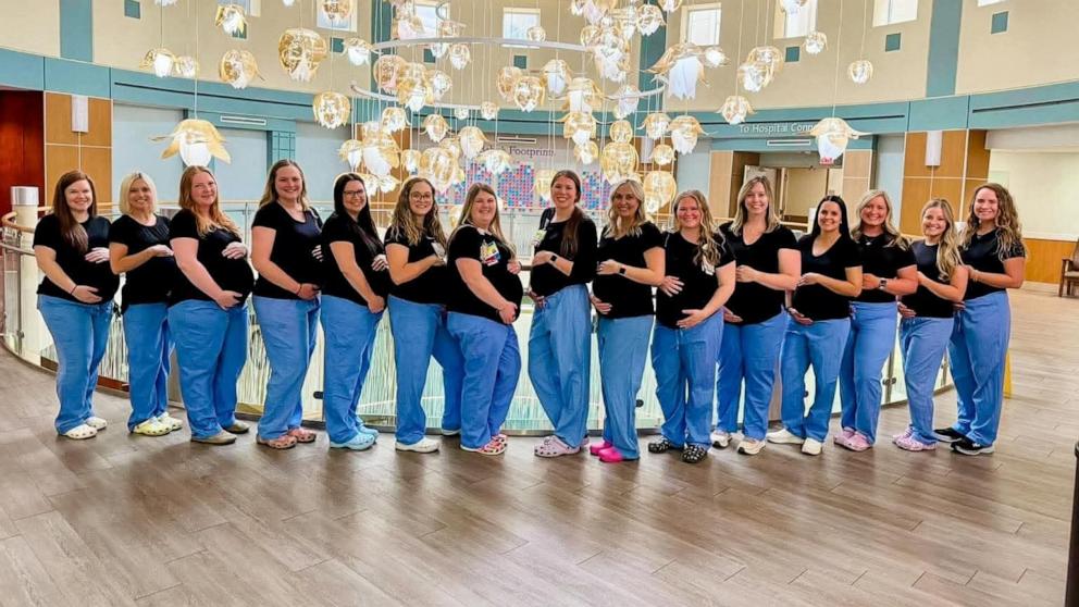 PHOTO: Seventeen nurses in the labor and delivery unit at Miami Valley Hospital in Dayton, Ohio, are all expecting babies at the same time. Pictured are 15 of the 17 expecting nurses.