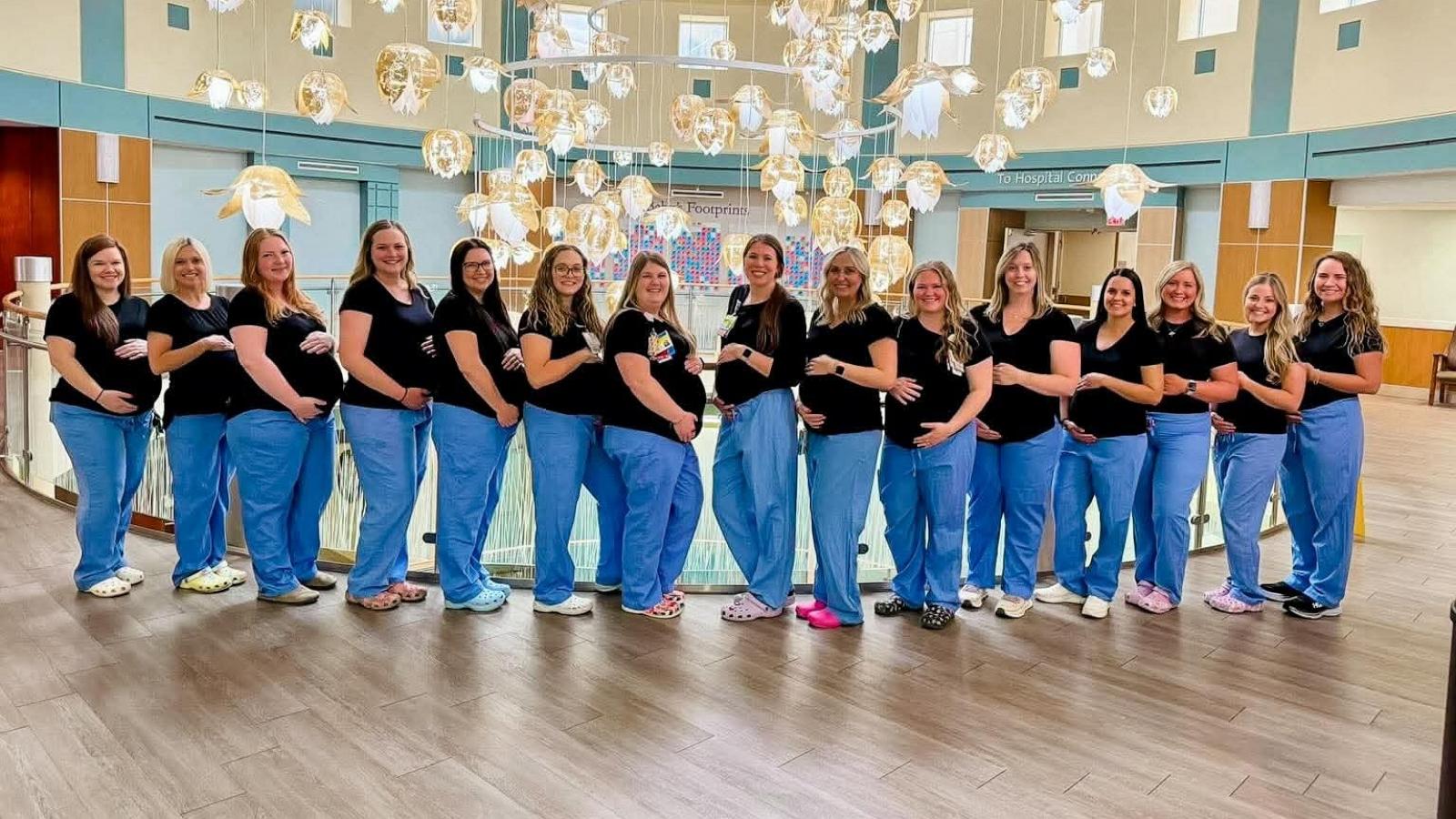 PHOTO: Seventeen nurses in the labor and delivery unit at Miami Valley Hospital in Dayton, Ohio, are all expecting babies at the same time. Pictured are 15 of the 17 expecting nurses.