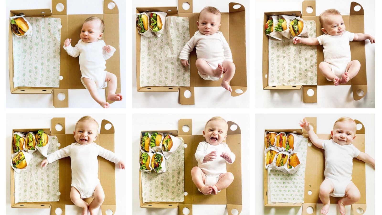 PHOTO: Graham Morrison smiles next to hamburgers in a collage of his monthly milestone pictures.