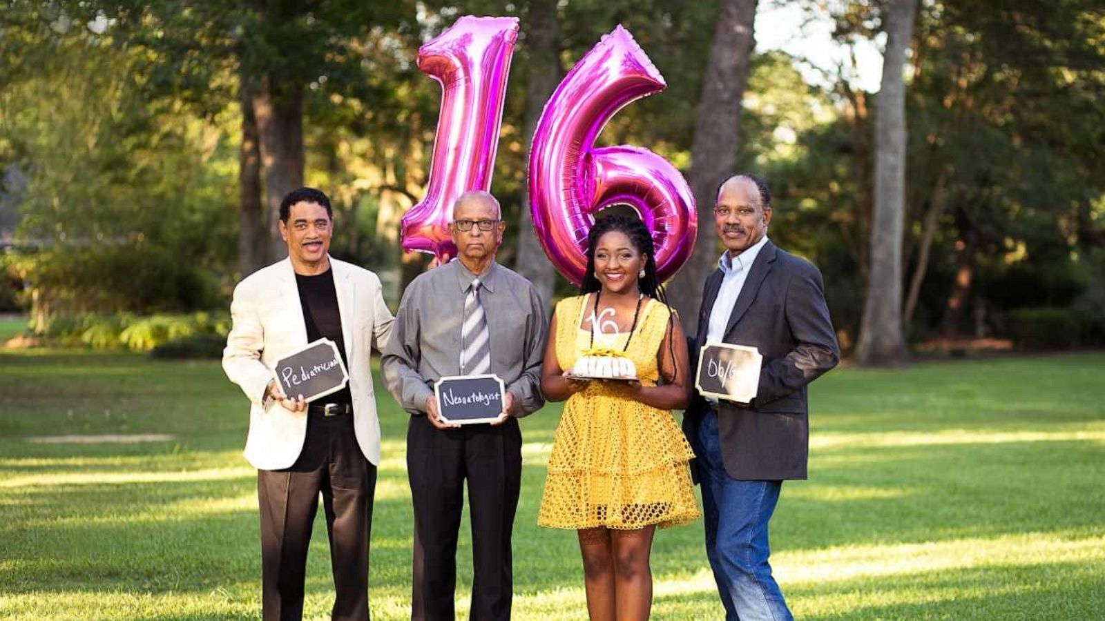 PHOTO: Kelsey Cadien poses with the three doctors who helped save her life when she was born -- Dr. J. Coffy Pieternelle, Dr. Aiyanadar Bharathi and Dr. Bobbie Colbert.