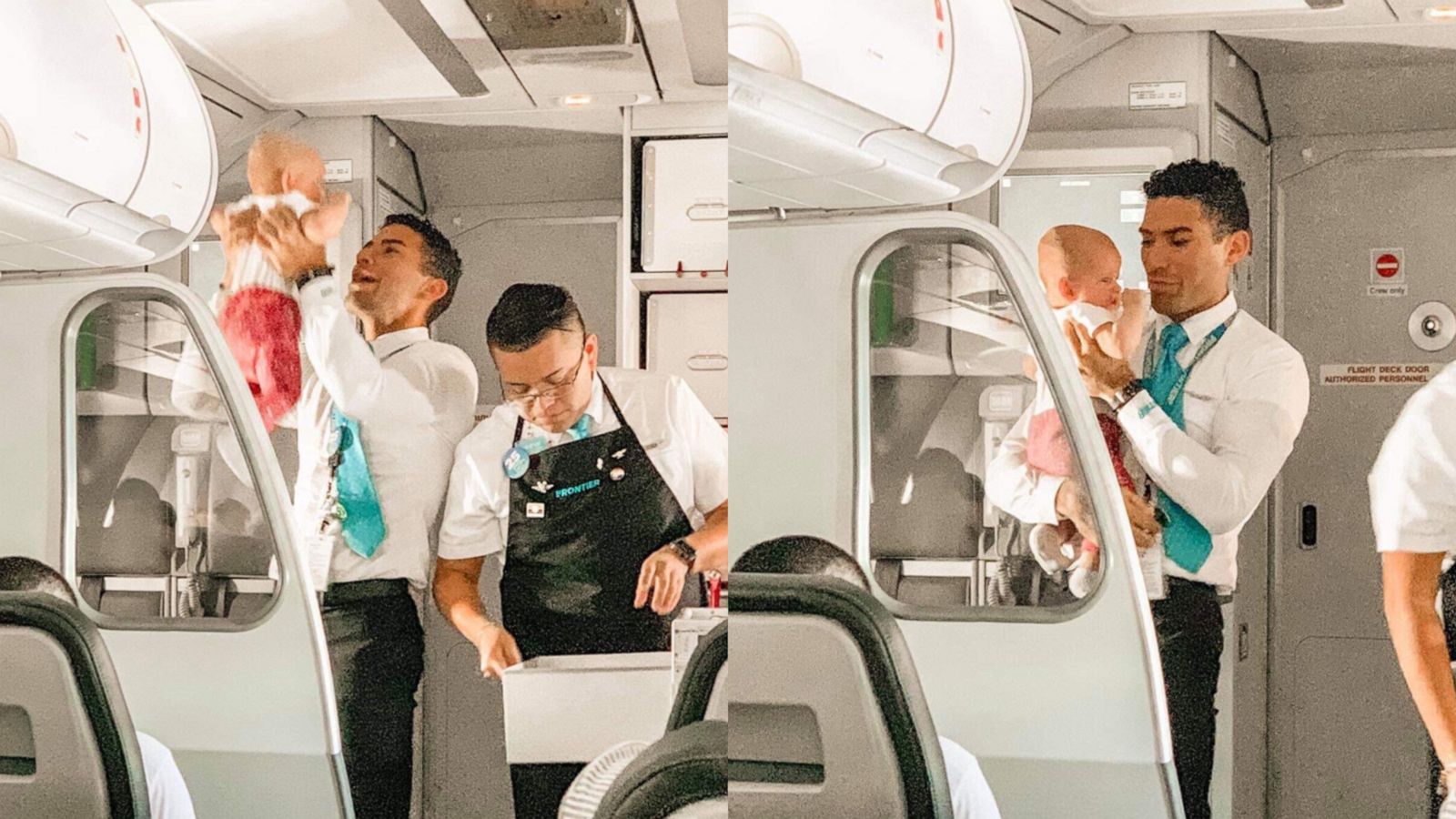 PHOTO: Frontier Airlines flight attendant Joel Paris held onto baby Adalynn for 10 to 15 minutes, calming her down during her first flight.