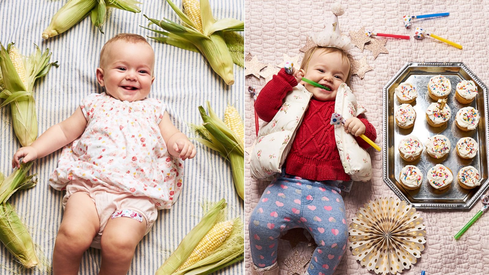 PHOTO: Michaela Claire Meter at six months old with six ears of corn. Michaela Claire Meter at 12 months old with 12 cupcakes.