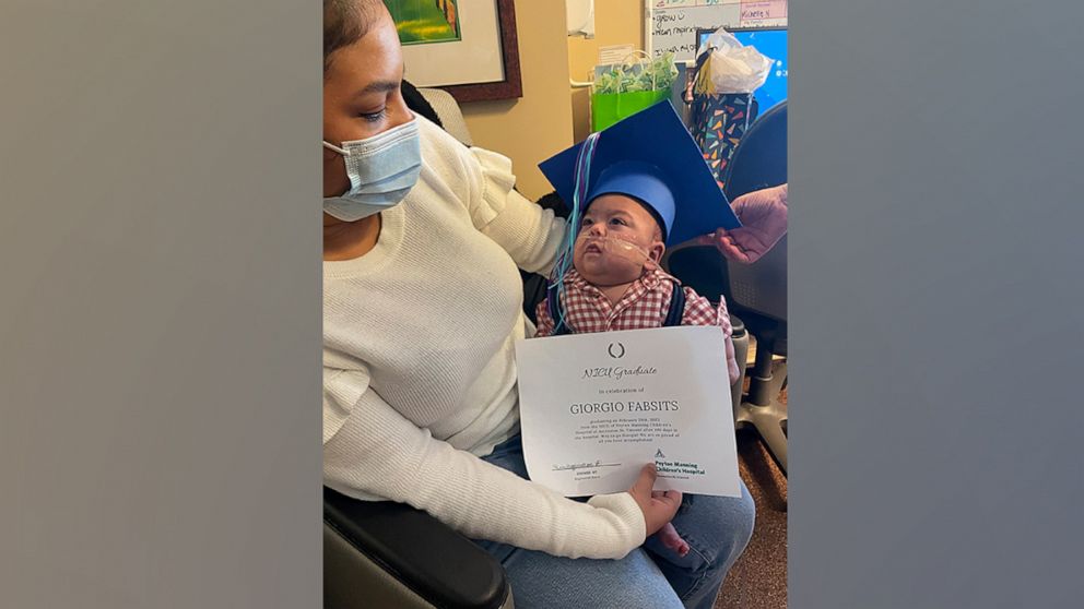 PHOTO: Baby Giorgio, pictured with his mom Estefania Alvarado, "graduated" from the neonatal intensive care unit at Peyton Manning Children's Hospital in Indianapolis on Feb. 28, 2023.