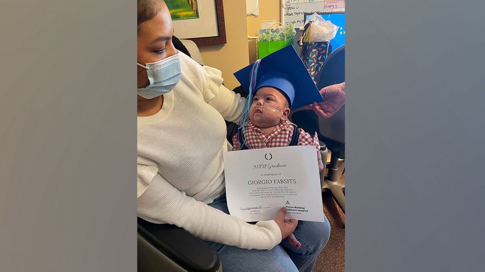 PHOTO: Baby Giorgio, pictured with his mom Estefania Alvarado, "graduated" from the neonatal intensive care unit at Peyton Manning Children's Hospital in Indianapolis on Feb. 28, 2023.