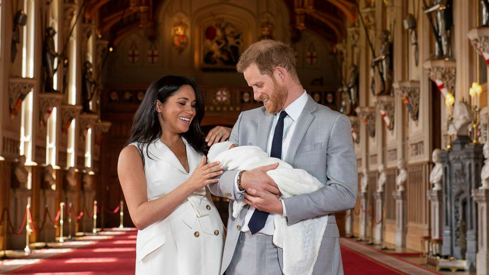 PHOTO: Britain's Prince Harry and Meghan, Duchess of Sussex, hold their newborn son, in St. George's Hall at Windsor Castle, Windsor, England, May 8, 2019.