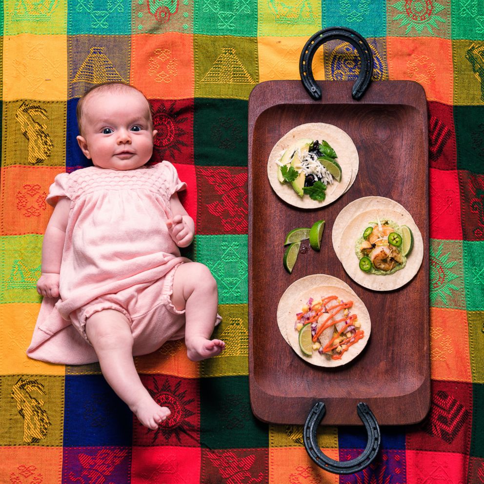 PHOTO: Michaela Claire Meter at three months old with three tacos. 