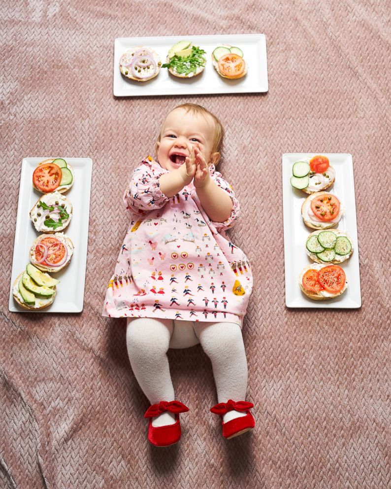 PHOTO: Michaela Claire Meter at 11 months old with 11 open-faced bagels and lox.