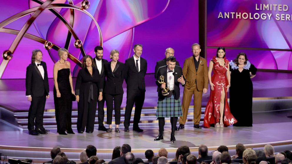 PHOTO: Richard Gadd (C), cast and crew of  Baby Reindeer accept the Outstanding Limited or Anthology Series award onstage during the 76th Primetime Emmy Awards at Peacock Theater on Sept. 15, 2024 in Los Angeles.