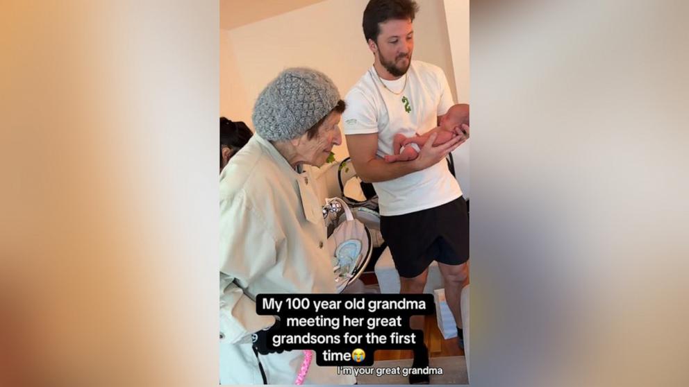 PHOTO: Alexa Caradimitropoulo shared on TikTok the moment her 100-year-old grandmother met her twin great-grandsons.