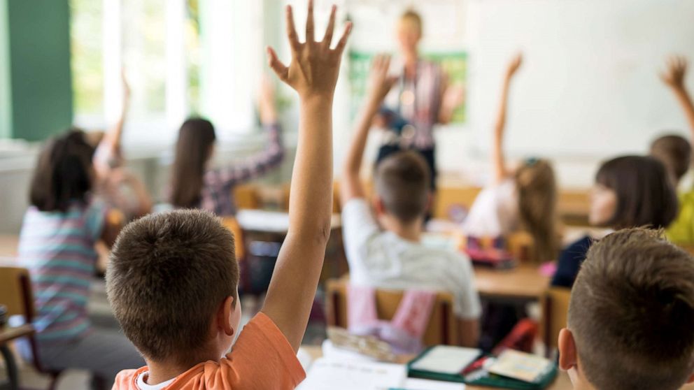 A class raises their arms to answer a teacher's question in this undated stock image.