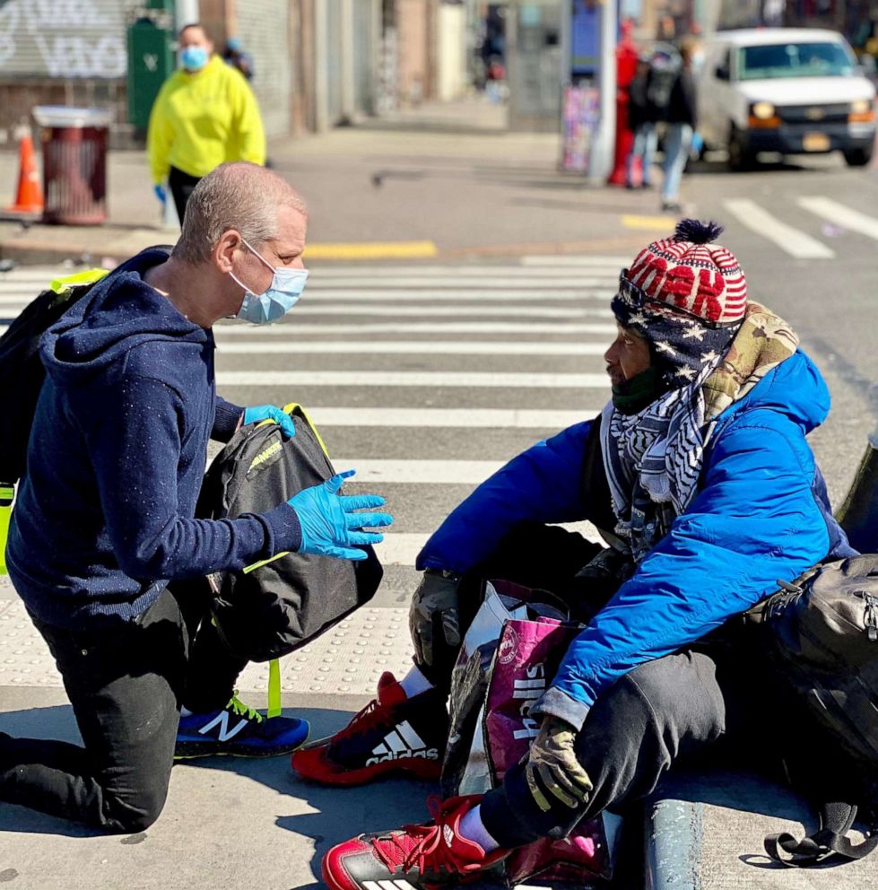 PHOTO: Jeffrey Newman and a handful of volunteers with Backpacks For The Street, pictured in an undated handout photo, drive around New York City's boroughs to find homeless residents in need of hygienic supplies.