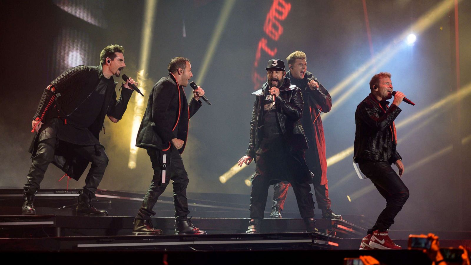 PHOTO: In this May 11, 2019, file photo, Kevin Richardson, Howie Dorough, A.J. McLean, Nick Carter and Brian Littrell from the Backstreet Boys band perform on stage at Altice Arena in Lisbon, Portugal.