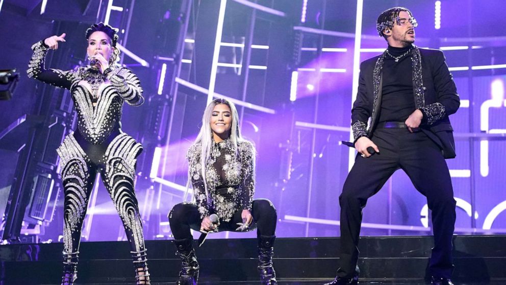 PHOTO: Ivy Queen, Nesi, and Bad Bunny perform "Yo Perreo Sola" during the 2020 Billboard Music Awards held at the Dolby Theatre in Hollywood, Calif., Oct. 14, 2020.