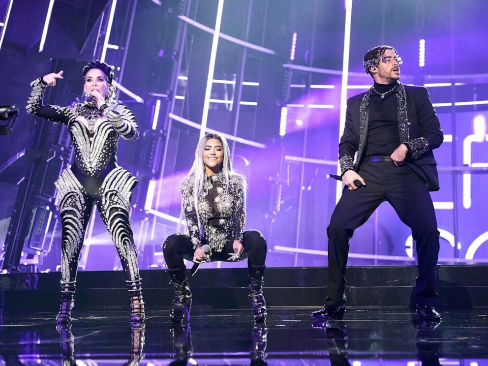 PHOTO: Ivy Queen, Nesi, and Bad Bunny perform "Yo Perreo Sola" during the 2020 Billboard Music Awards held at the Dolby Theatre in Hollywood, Calif., Oct. 14, 2020.