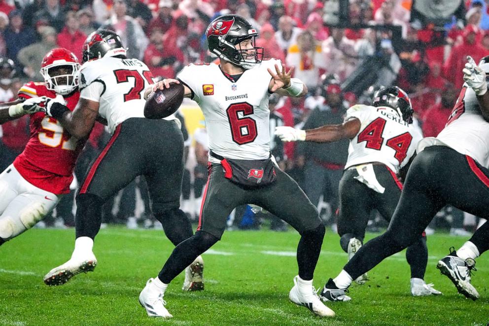 PHOTO: Tampa Bay Buccaneers quarterback Baker Mayfield (6) throws a pass against the Kansas City Chiefs during the second half at GEHA Field at Arrowhead Stadium, on Nov. 4, 2024, in Kansas City, Missouri.