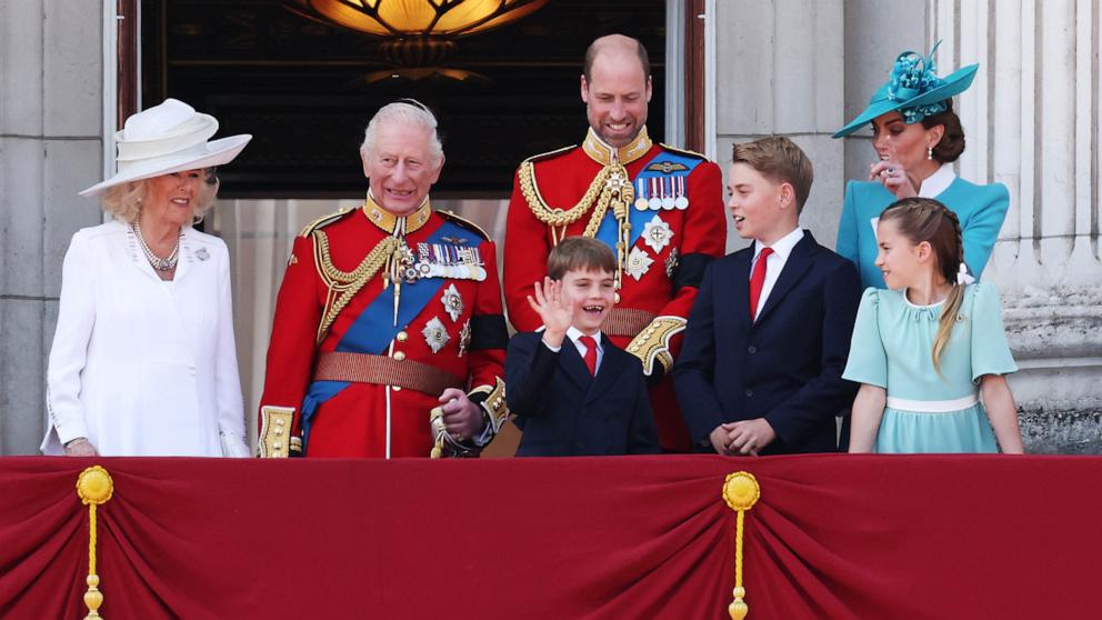 PHOTO: Queen Camilla, King Charles III, Prince William, Prince Louis, Prince George, Princess Charlotte and Princess Catherine, Princess of Wales appear on the balcony during the Trooping the Colour ceremony in London, June 14, 2025. 