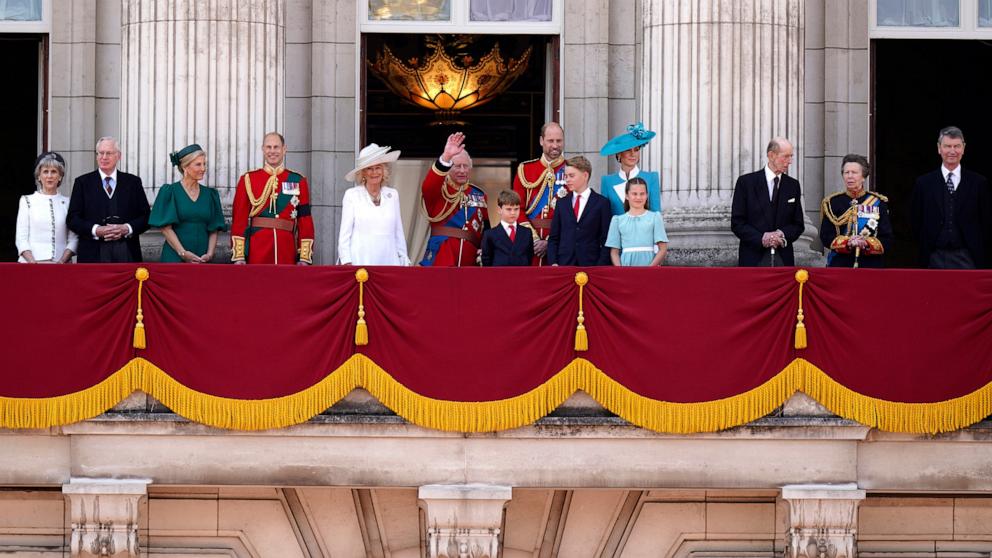 PHOTO: Members of the British Royal family, including King Charles, at centre, who is waving, look out at the crowds from the balcony of Buckingham Palace during the Trooping the Colour in London, June 14, 2025.