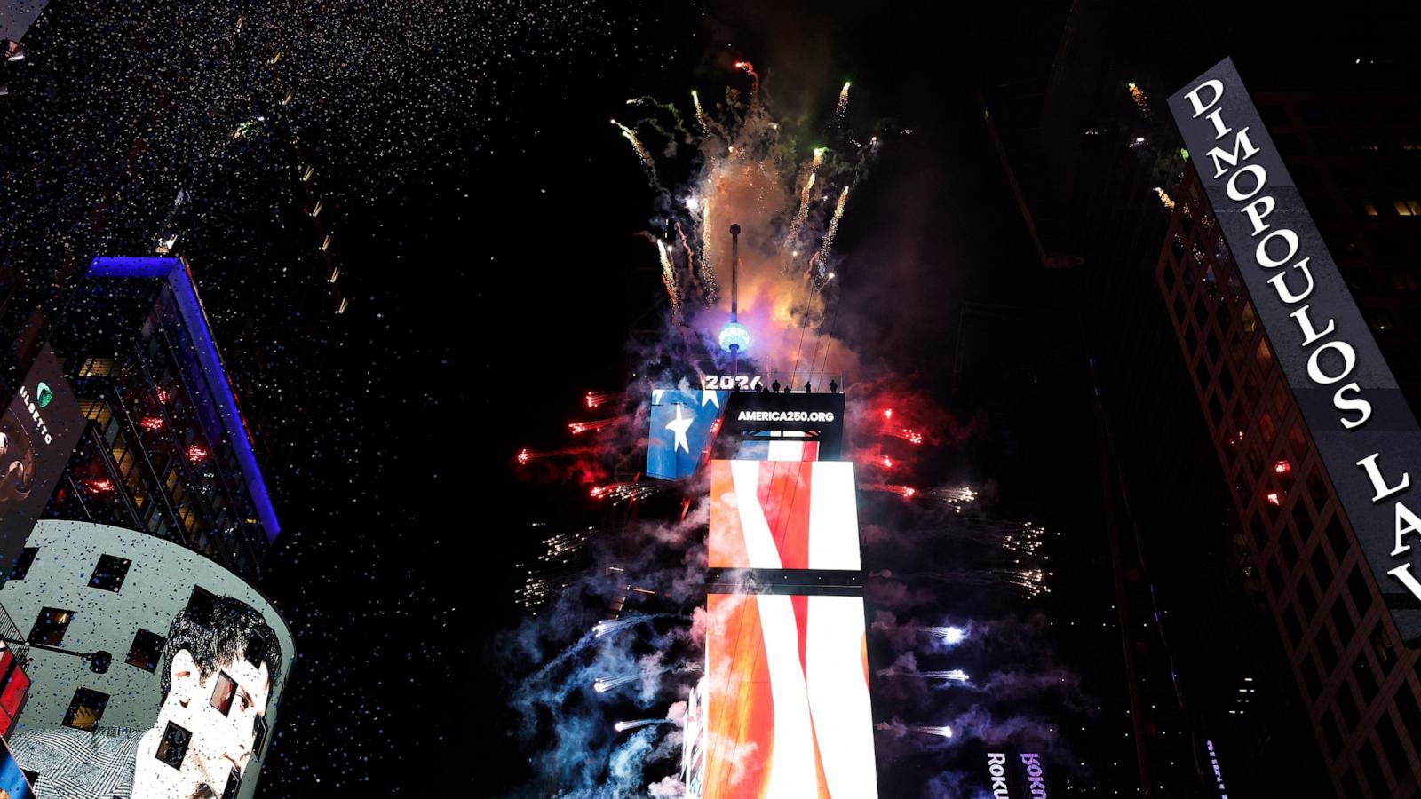 PHOTO: Fireworks explode as people attend the New Year's Eve celebrations and ball drop in Times Square in New York, Jan. 1, 2026.
