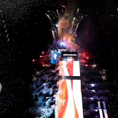 PHOTO: Fireworks explode as people attend the New Year's Eve celebrations and ball drop in Times Square in New York, Jan. 1, 2026. 