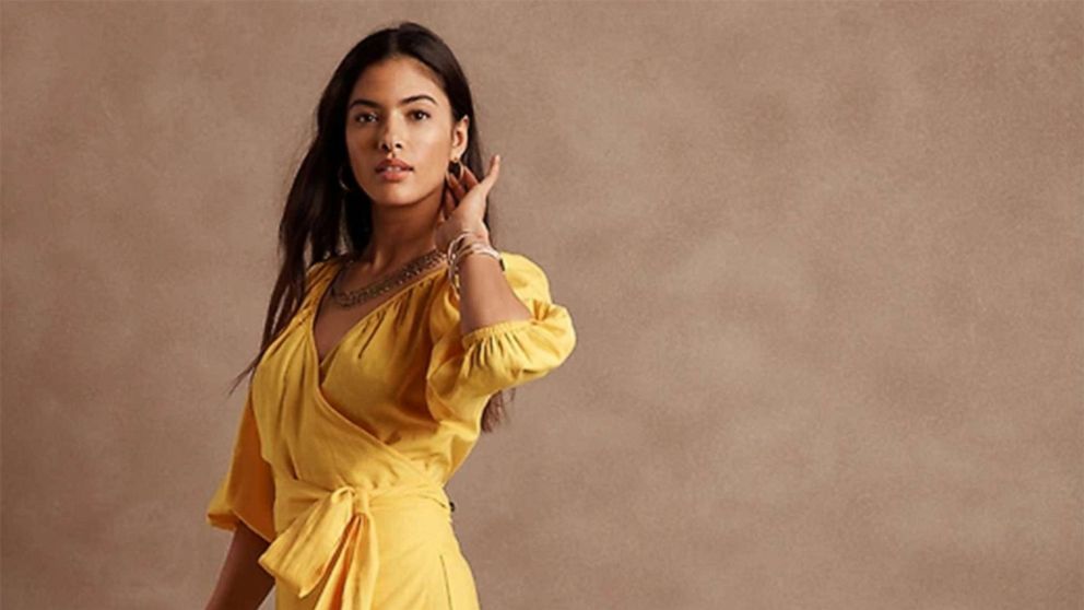 A Yellow linen wrap dress is on sale at Banana Republic.