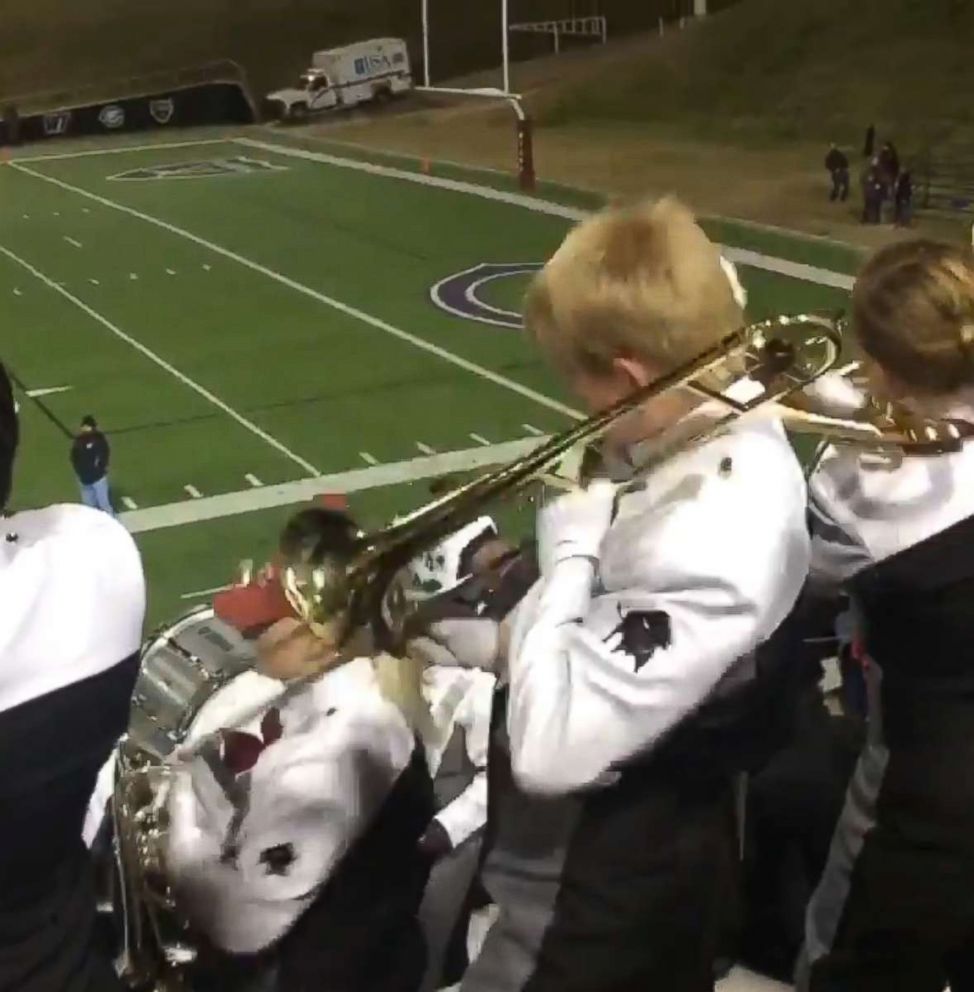 PHOTO: William Delph, 20, was captured as he showed off his enthusiasm while playing the trombone during a football game between West Texas A&M University and Texas A&M- Kingsville.