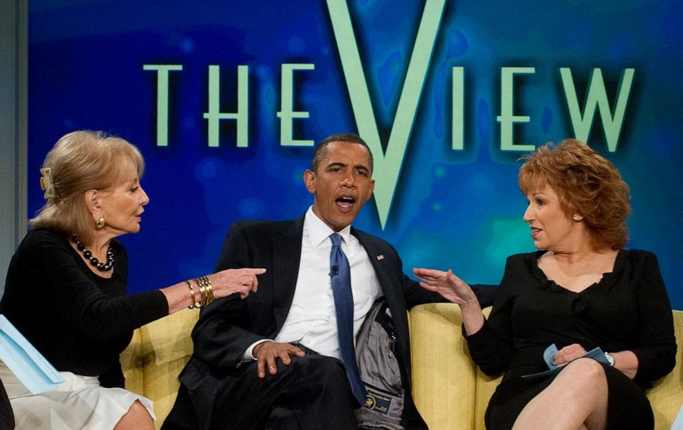 PHOTO: President Barack Obama speaks during an appearance on the ABC daytime television talk show, "The View" in New York, July 28, 2010, alongside hosts Barbara Walters and Joy Behar. 