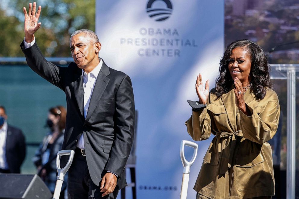 PHOTO: In this Sept. 28, 2021, file photo, former President Barack Obama and former first lady Michelle Obama react during the groundbreaking ceremony for the Obama Presidential Center at Jackson Park in Chicago.