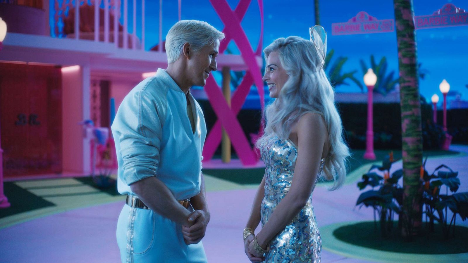 USA. Ryan Gosling and Simu Liu in a scene from the (C)Warner Bros new film:  Barbie (2023) . Plot: To live in Barbie Land is to be a perfect being in a