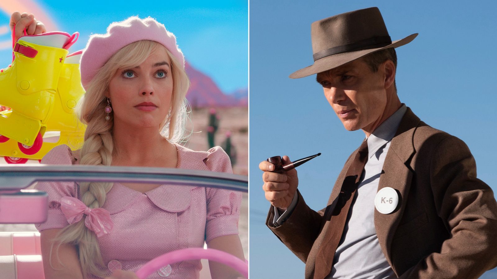 PHOTO: Margot Robbie, left, is shown in a scene from "Barbie" and Cillian Murphy is shown in a scene from "Oppenheimer."