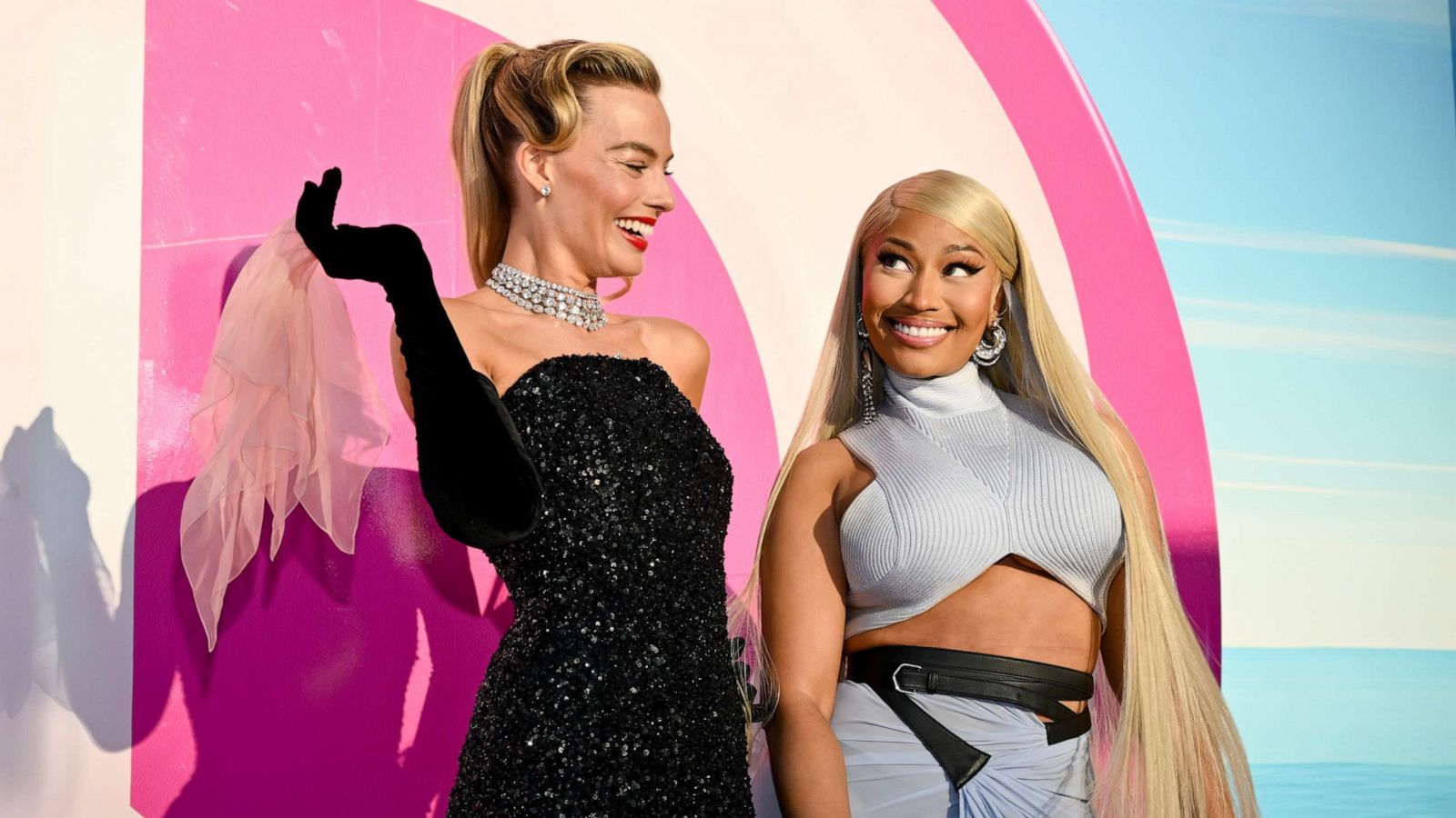 PHOTO: Margot Robbie and Nicki Minaj at the premiere of "Barbie" held at Shrine Auditorium and Expo Hall on July 9, 2023 in Los Angeles.