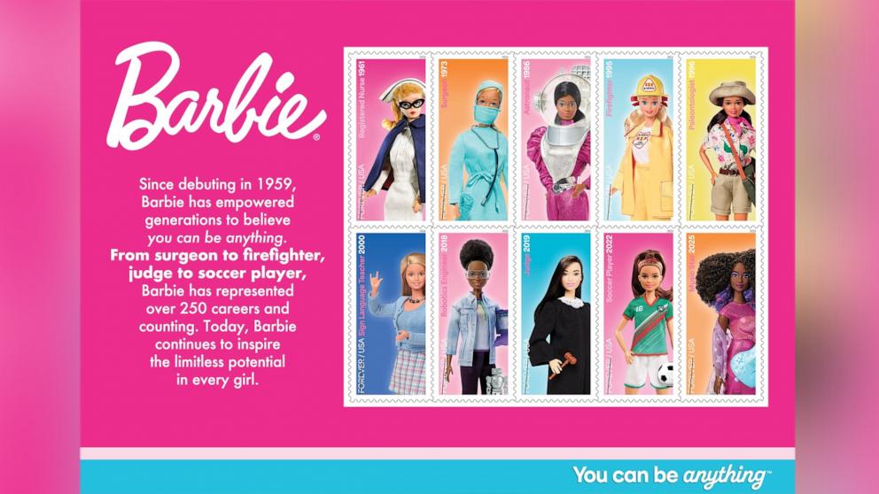PHOTO: The U.S. Postal Service announced a new set of Barbie stamps featuring Barbie dolls, dressed in outfits depicting ten different careers.