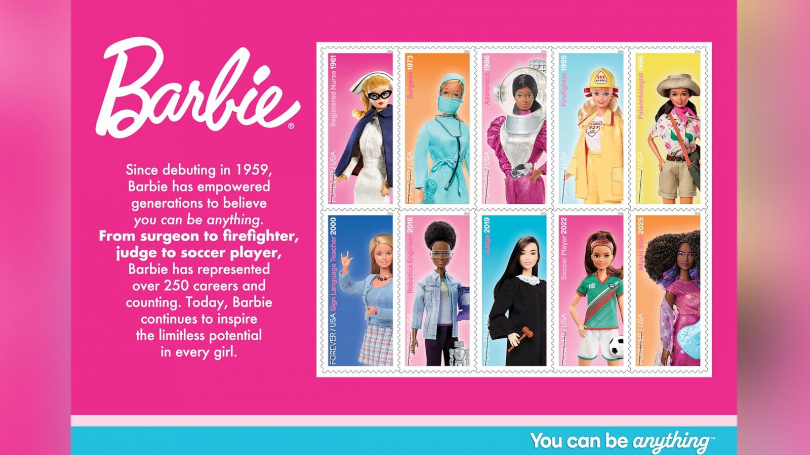 PHOTO: The U.S. Postal Service announced a new set of Barbie stamps featuring Barbie dolls, dressed in outfits depicting ten different careers.