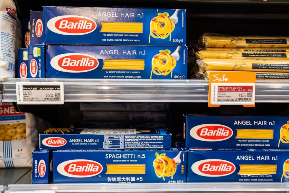 PHOTO: In this 2020, file photo, Italian family-owned food company Barilla pasta products are shown in a supermarket.