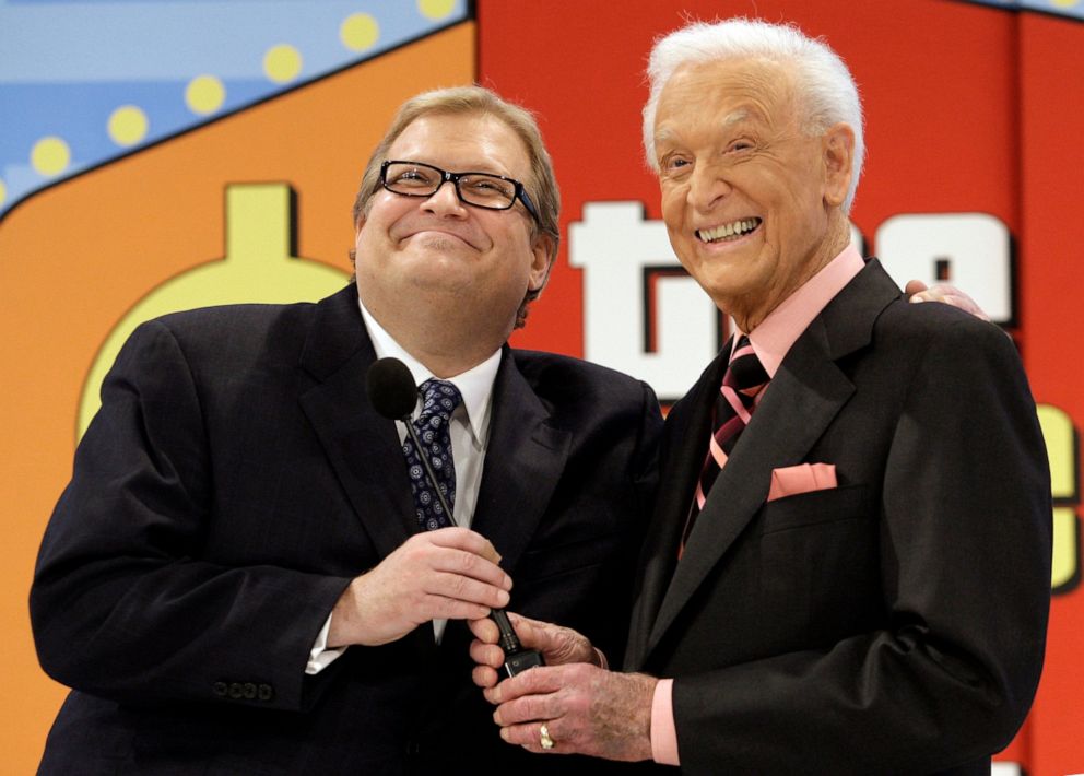 PHOTO: "The Price is Right" show host, comedian Drew Carey, left, appears with longtime former host Bob Barker at the CBS Studio Center in Los Angeles on March 25, 2009.
