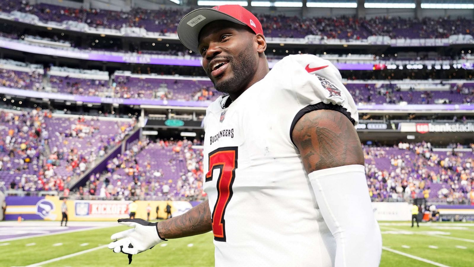 PHOTO: Shaquil Barrett of the Tampa Bay Buccaneers walks off the field after the Buccaneers defeated the Minnesota Vikings, 20-17, at U.S. Bank Stadium on Sept. 10, 2023 in Minneapolis.