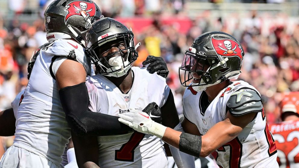 PHOTO: Shaquil Barrett, center, of the Tampa Bay Buccaneers celebrates after returning an interception for a touchdown during the fourth quarter against the Chicago Bears at Raymond James Stadium on Sept. 17, 2023 in Tampa, Fla.