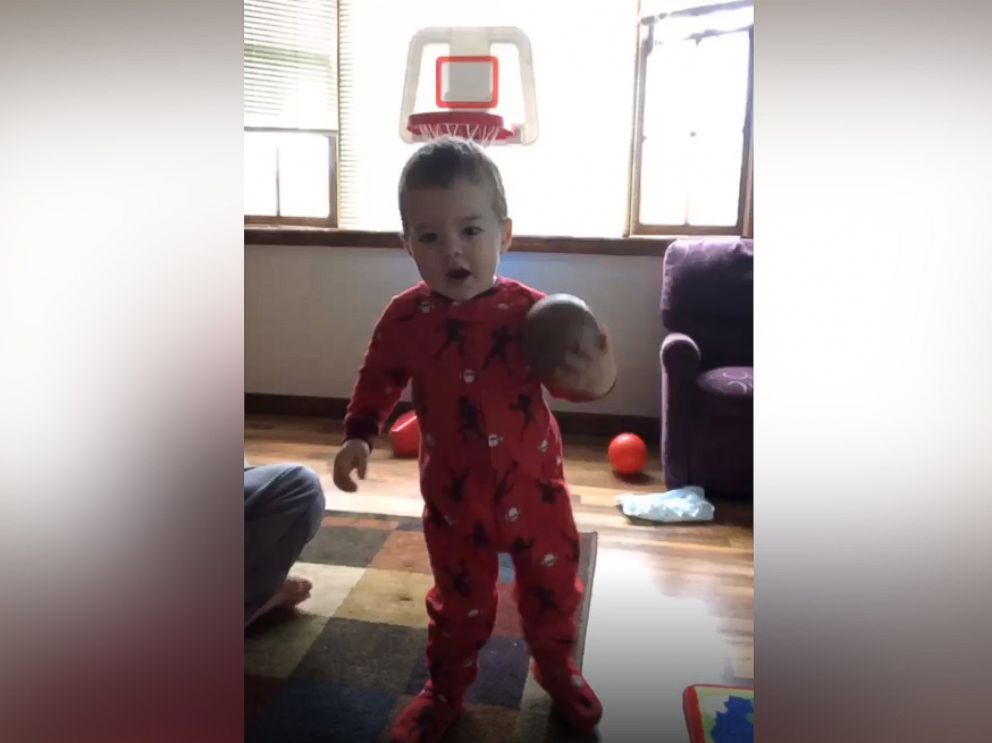 PHOTO: On five impressive occasions thus far, Elijah Bender, 2, has been caught on camera by his mother while shooting a basketball into a hoop without actually looking at the basket.