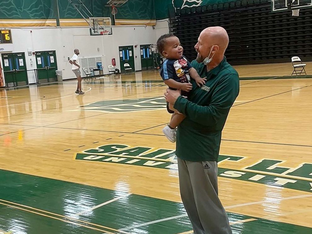 PHOTO: Aiden Webster attends practice for the Saint Leo University basketball team, for which his mom Ashley Webster is an assistant coach.