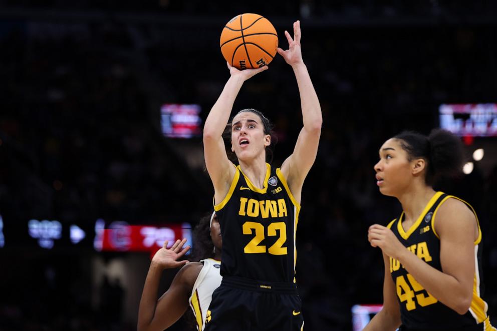 PHOTO: Caitlin Clark of the Iowa Hawkeyes shoots against the South Carolina Gamecocks in the second half during the 2024 NCAA Women's Basketball Tournament National Championship at Rocket Mortgage FieldHouse on April 7, 2024 in Cleveland.