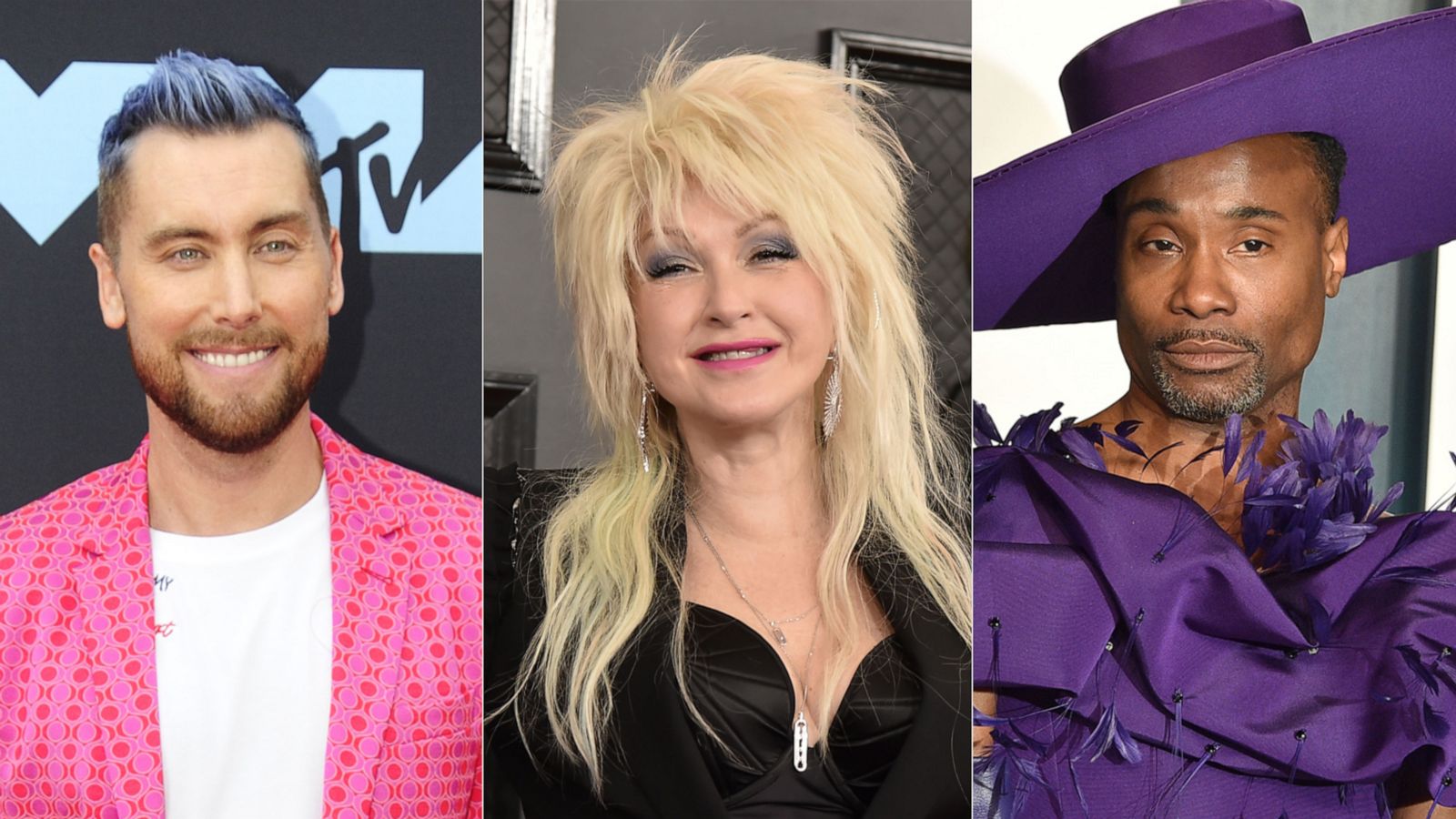 PHOTO: Lance Bass attends the 2019 MTV Video Music Awards. | Cyndi Lauper attends the 62nd Annual Grammy Awards at Staples Center. | Billy Porter attends the 2020 Vanity Fair Oscar Party.