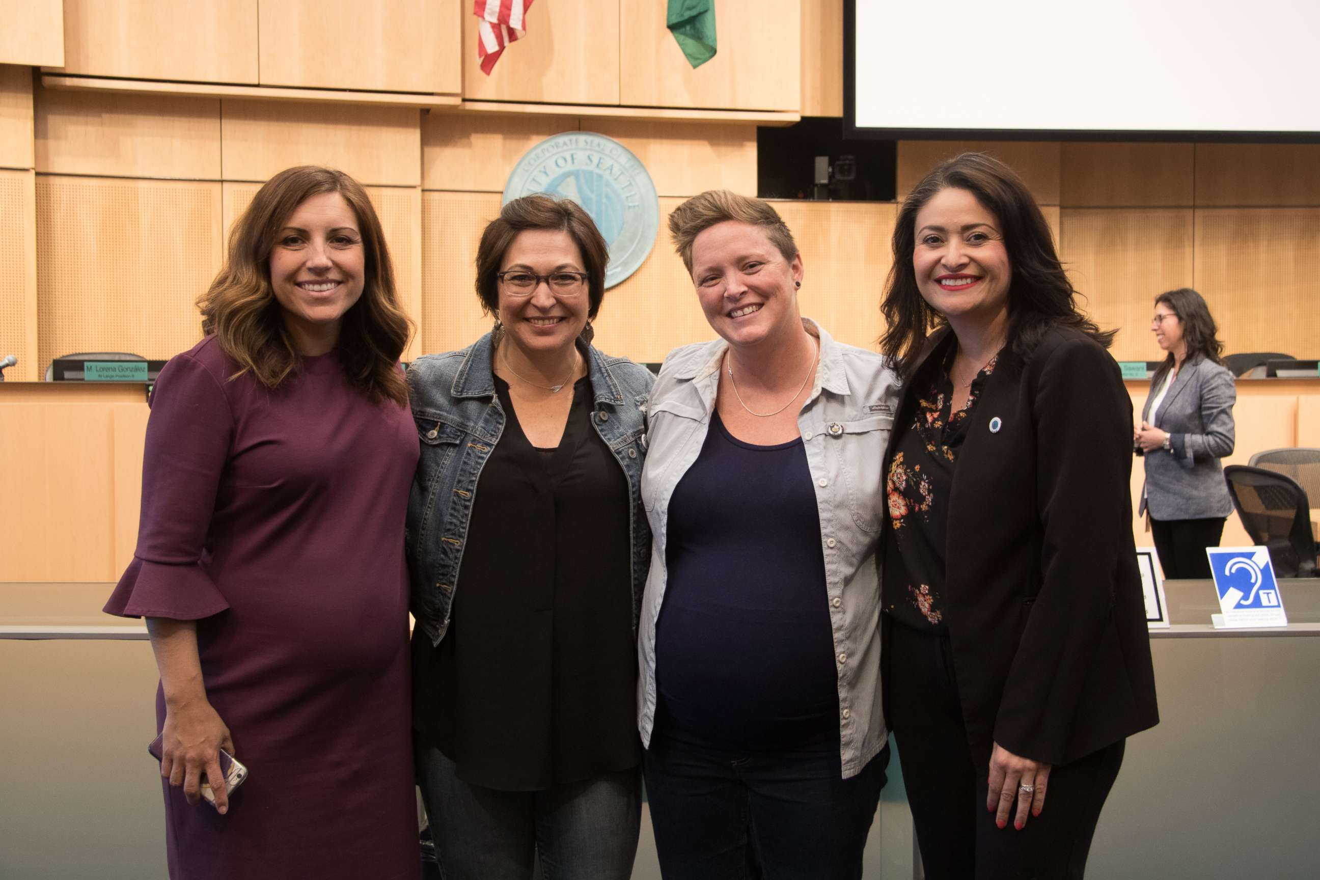 PHOTO: From left to right, Seattle Council Member Teresa Mosqueda, Erin Alder, Rachel Alder and Seattle Council Member Lorena Gonzalez pose on June, 3, 2019.